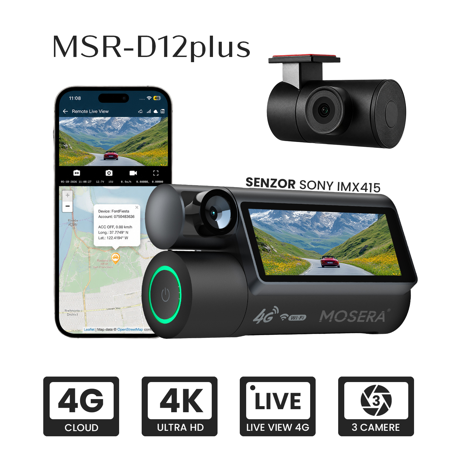 MOSERA D12 Plus 3CH — Camera DVR 3 canale
